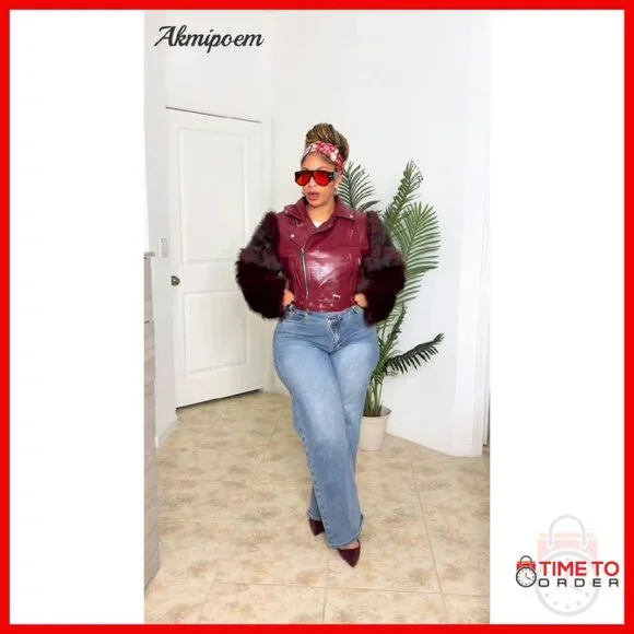 Cropped Moto Jacket with Faux Fur Sleeves, Belted Waist, PU Leather